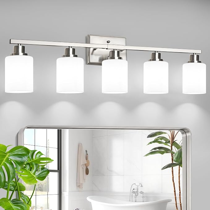 Unicozin 5-Light Bathroom Light Fixtures, Modern Brushed Nickel Vanity Light Over Mirror, Wall Sconces with Milky White Glass Shades for Living Room Bedroom Hallway E26 Base