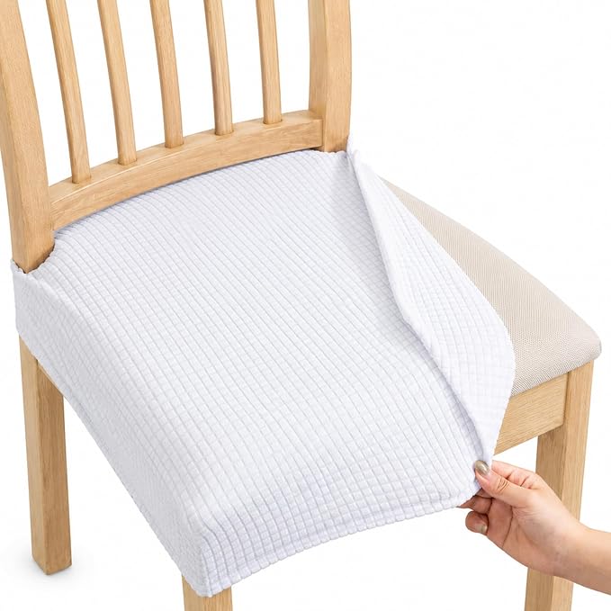 NILUOH Waterproof Seat Covers for Dining Room Chairs Set of 4, Stretch Jacquard Chair Seat Slipcovers Dining Chair Cover Removable Washable Chair Protctor Cover, Rear Covers (White)