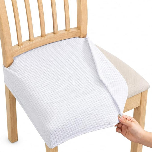 NILUOH Waterproof Seat Covers for Dining Room Chairs Set of 4, Stretch Jacquard Chair Seat Slipcovers Dining Chair Cover Removable Washable Chair Protctor Cover, Rear Covers (White)