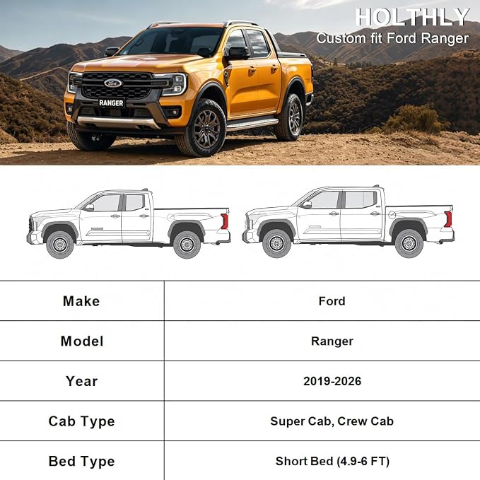 10 Layers Truck Cover Waterproof All Weather Custom Fit Ford Ranger(2019-2026) Super/Crew Cab Short Bed, Outdoor Full Exterior Pickup Car Cover Sun Rain Snow Ice Protection. Sliver