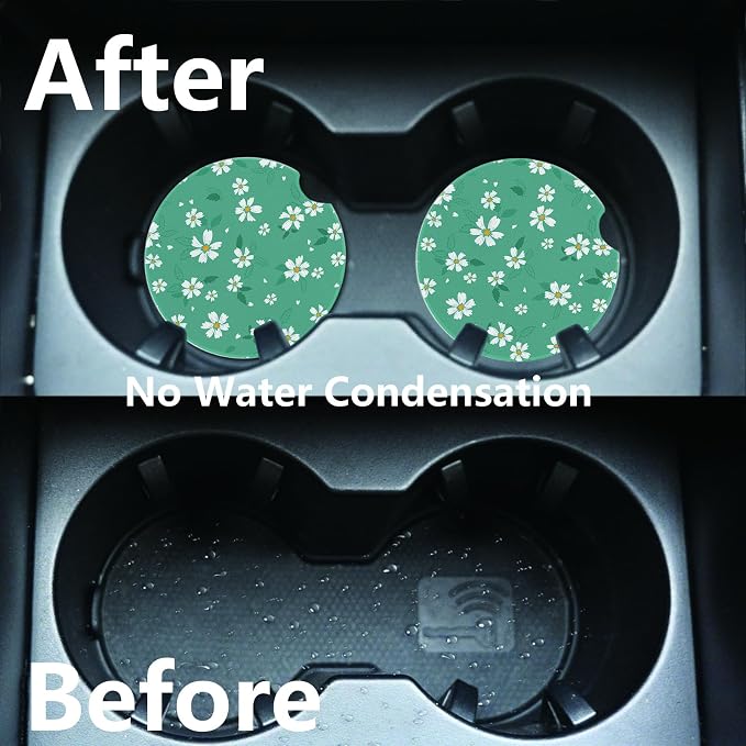 2pcs Cute Blue Flowers Car Coasters,Absorbent Universal neoprener Cup Holder Coasters with a Finger Notch,Car Accessories for Women&Man Interior，2.75" 2