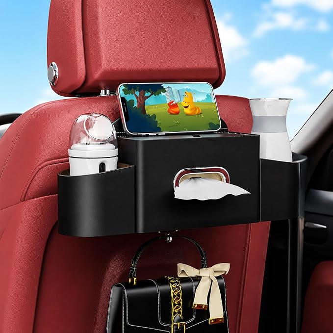 Back Seat Car Organizer with One Towel Leather Wood Materials (Black) | Tissue Box, 2 Drink Cup Holder, Phone Holder, Hook, Compatible with Most Vehicles