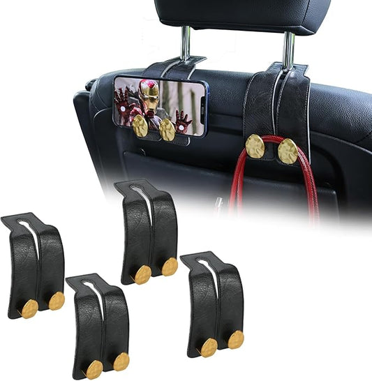 Leather Car Purse Hook for Headrest, 4 Pack (Black-Gold) | Twin Hooks Headrest Hangers, 2/4 Pack, No-Slip, Scratch-Proof, Holds Purses, Backpacks, Grocery Bags, Car Organizer Gift