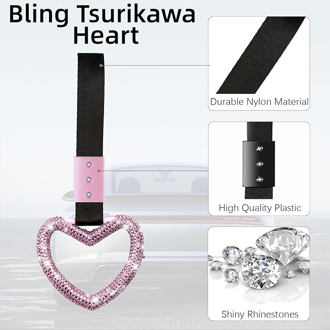 NBTEPEM Bling Heart Handle Ring Bling Car Accessories for Women Handle Strap Drift Charm Rear Bumper Warning Ring Tsurikawa Heart Decor for Car Interior Exterior Decoration (Pink, Heart Style)