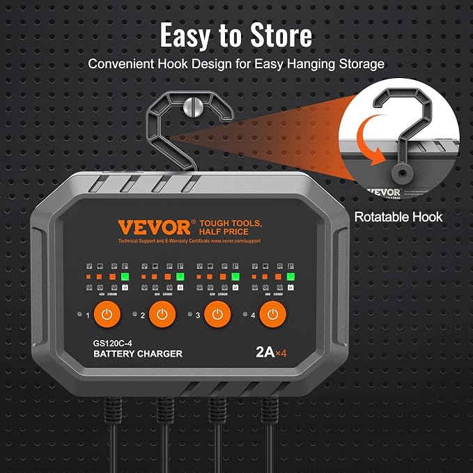 VEVOR Smart Battery Charger, 2A x 4, LiFePO4 Lead-Acid (AGM/Gel/SLA) Car Battery Charger, Fully-Automatic Charger Maintainer Desulfator for Boat Motorcycle Lawn Mower Golf Cart Marine Deep Cycle