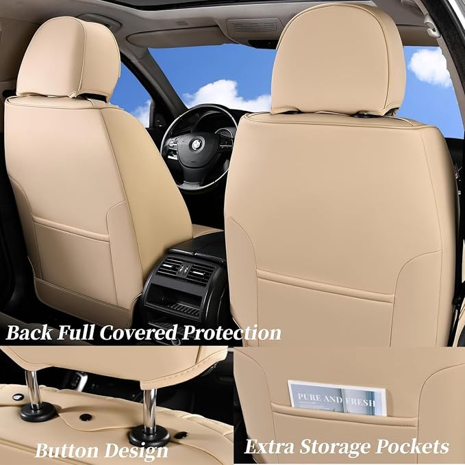 Coverado Car Seat Covers Full Set, Front Seat Cover and Back Seat Covers for Cars, Faux Leather Waterproof Seat Covers, Car Seat Protectors, Automotive Seat Covers Universal for Most Vehicles Beige