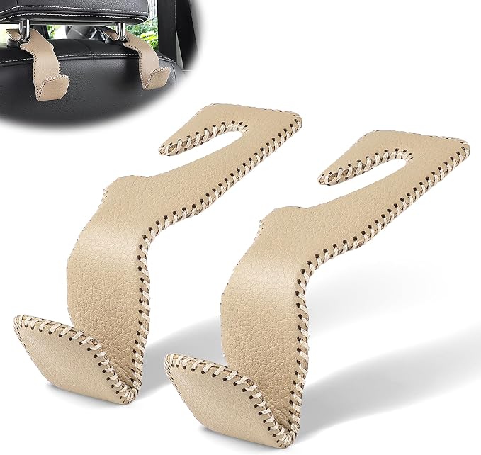 LivTee Beige Superior Leather Car Seat Back Headrest Hook, Auto Seat Hook Hangers Interior Accessories for Purse Coats Umbrellas Grocery Bags Handbag, 2-Pack