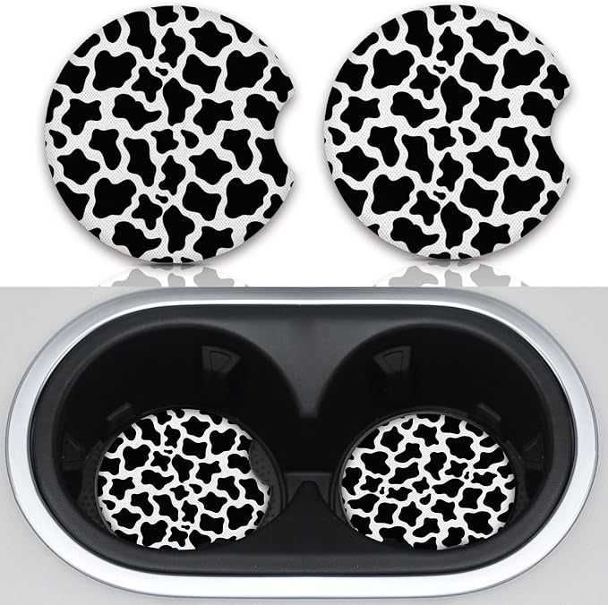 Cute Cow Print Animal Themed Black and White Cup Holders,2 Pack Universal Neoprene Car Coasters Set for Women/Men,Drink Cup Car Holder Coasters with A Finger Notch