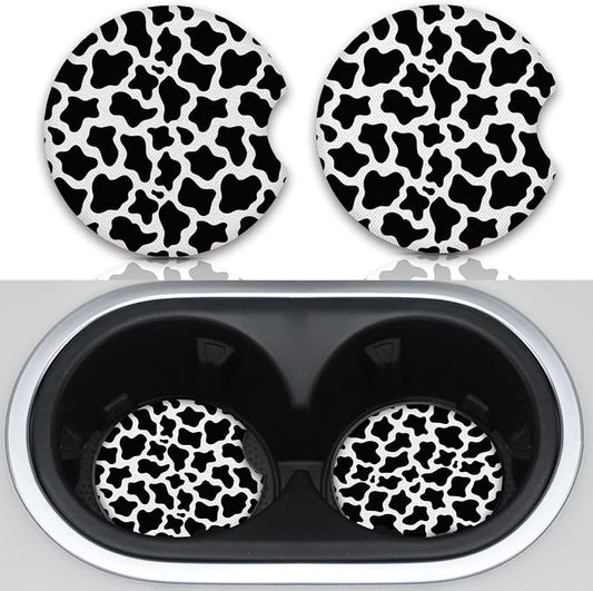 Cute Cow Print Animal Themed Black and White Cup Holders,2 Pack Universal Neoprene Car Coasters Set for Women/Men,Drink Cup Car Holder Coasters with A Finger Notch