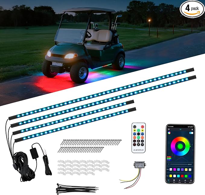 iLSKW Golf Cart Underglow LED Light Strip 4pcs, Golf Cart Underbody Light Kit Remote Control for EZGO Yamaha Club Car 12V-80V Input 4pcs