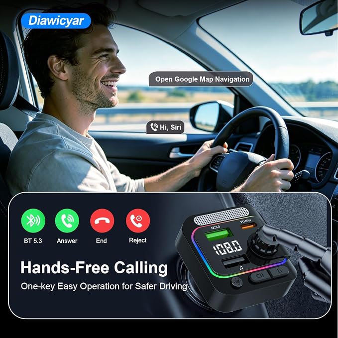 63W FM Transmitter Bluetooth Car Adapter, Wireless FM Bluetooth Transmitter | [PD 45W & QC3.0] Fast Charge, Deep Bass Player, Hands-Free Calling, Black