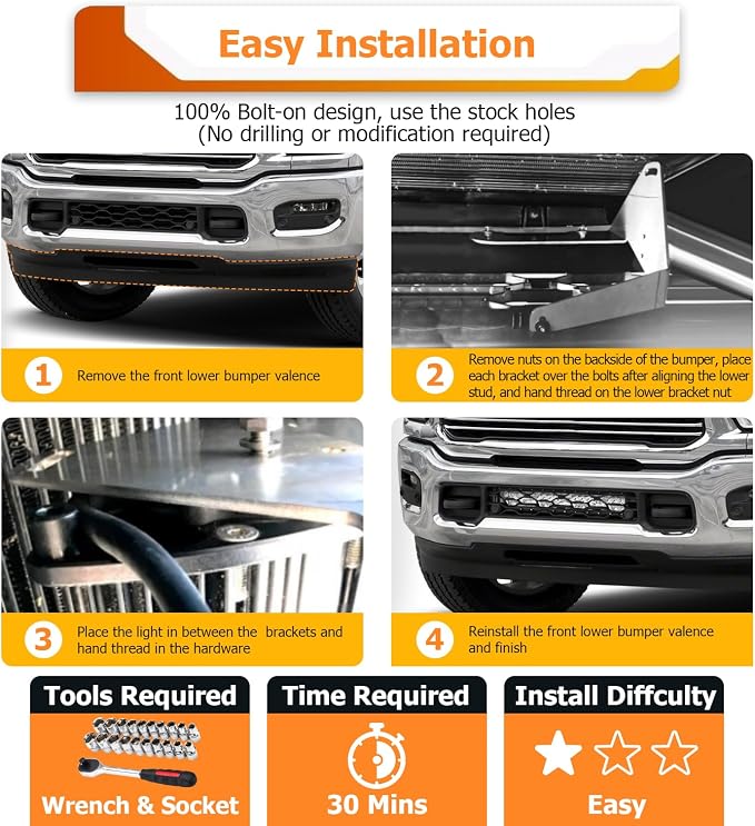 WeiSen Front Hidden Bumper Light Bar Mount Fit for Ram 2500 3500 2019-2024 | Fit 22" Straight LED Light Bar,No Drill,Heavy Duty Steel,Rust Resistant,Black Powder Coated,Light Bar Bracket