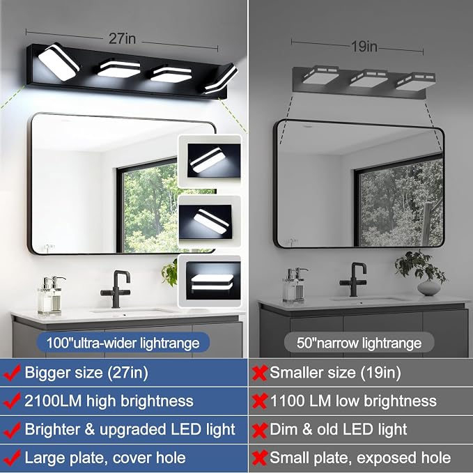 Torondo 360° Rotate LED Bathroom Vanity Light Fixtures, Acrylic Vanity Lights for Bathroom, Modern Wall Lighting Fixtures Over Mirror Living, Matte Black, 100%-0% Natural White, 4-Light, 27-Inch
