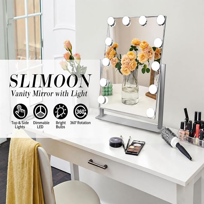 Hollywood Vanity Mirror with Lights, 12 Dimmable LED Bulbs Lighted Makeup Mirror with Detachable 10X Magnification Mirror, 1000mAh Rechargeable, 3 Color Lights, Touch Control