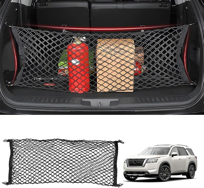 Karltys Envelope Style Cargo Net for Nissan Pathfinder 2022-2024 2025 2026, Highly Elastic Pathfinder Rear Trunk Cargo Net, Heavy Duty Nylon Mesh Storage Netting Organizer with Durable Hooks