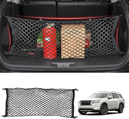 Karltys Envelope Style Cargo Net for Nissan Pathfinder 2022-2024 2025 2026, Highly Elastic Pathfinder Rear Trunk Cargo Net, Heavy Duty Nylon Mesh Storage Netting Organizer with Durable Hooks