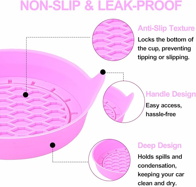 4 Pack Car Cup Holder Coaster, 3.15 Inch Non-Slip Silicone, Pink | Cup holder insert, spill proof ,raised lip, honeycomb base, rinse clean, fits most sedans suvs trucks, automotive accessories