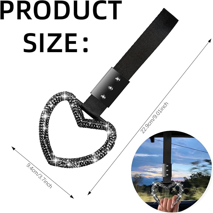 NBTEPEM Bling Heart Handle Ring Bling Car Accessories for Women Handle Strap Drift Charm Rear Bumper Warning Ring Tsurikawa Heart Decor for Car Interior Exterior Decoration (Black, Heart Style)