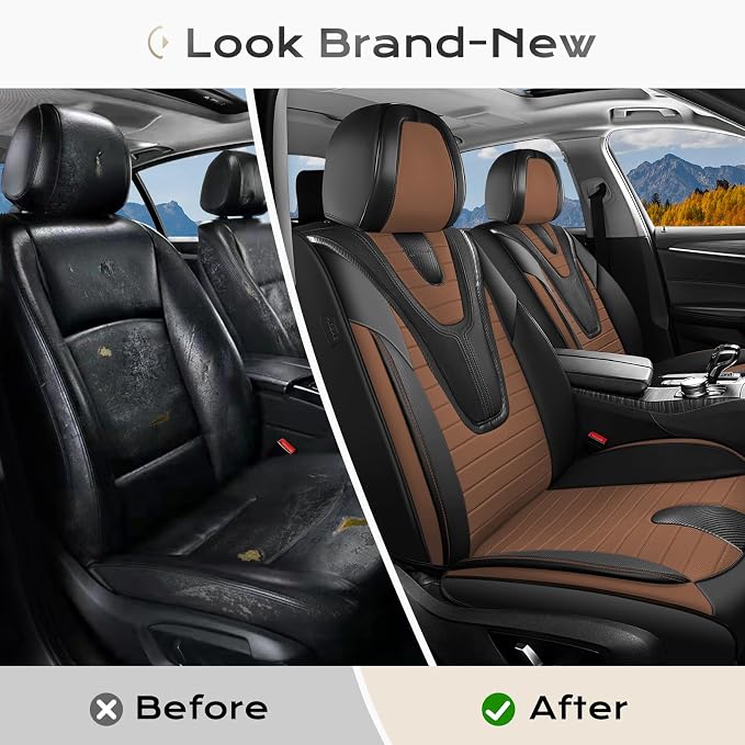Coverado Car Seat Covers Full Set, 5 Pieces Waterproof Leather Seat Covers, Universal Fit for Cars SUVs Sedans,Black Brown