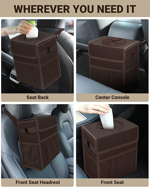 Capolo Car Trash Can with Lid, Leakproof Car Trash Bag Hanging Waterproof Automotive Garbage Can with Storage Pockets Mini Vehicle Trash Bin for Back/Front Seat(Brown,2.5 Gallon)