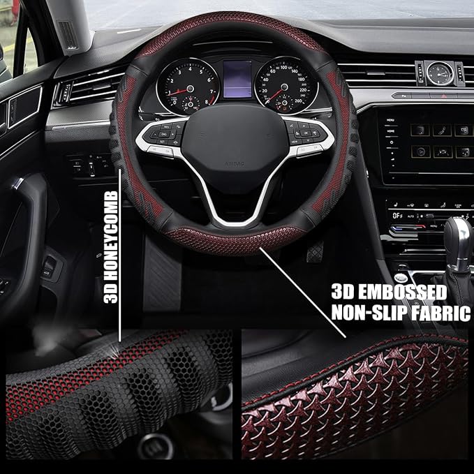 Osilly Car Steering Wheel Cover, Anti-Slip Leather Breathable Comfortable Automotive Steering Wheel Cover Protector Decoration for Men and Women, 15 Inch Universal for SUV, Truck, RV（Wine Red）