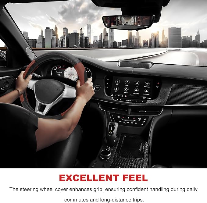 Sport Leather Steering Wheel Cover, 14.5-15 Inch Breathable Auto Steering Wheel Protector with Anti-Slip Lining, Soft Comfortable Leather Wheel Protector for Cars Trucks SUVs (Black & Brown)