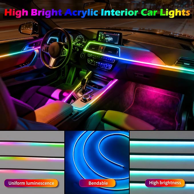 DREAMOTOR Interior Car LED Strip Lights, Acrylic LEDs Lights for Car with Dynamic Dreamcolor Chasing, Ambient Lighting Kits Music Sync Wireless APP and RF Remote Control (55.12inch*2)