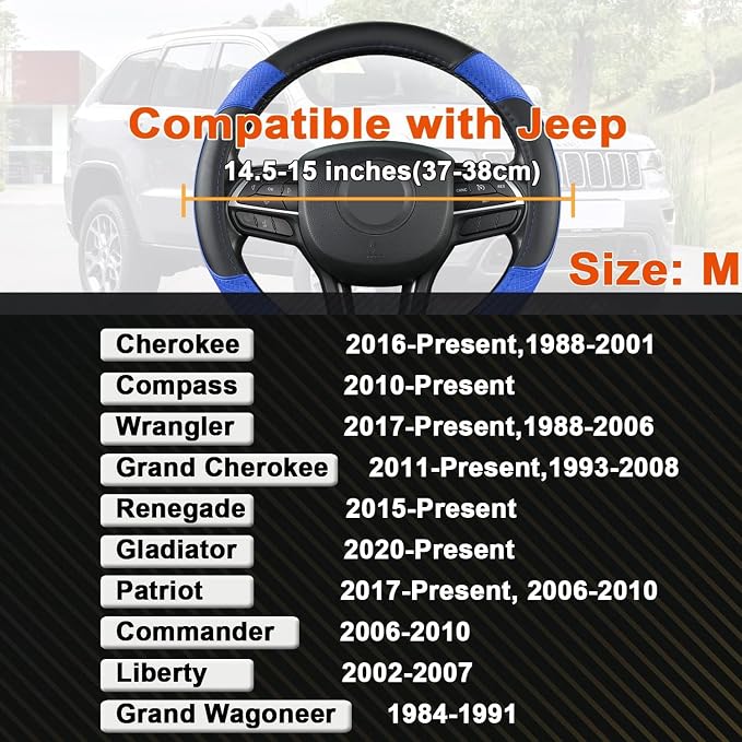 GIANT PANDA Steering Wheel Cover for Jeep Wrangler, Car Steering Wheel Cover for Jeep Grand Cherokee and Cherokee - Black+Blue