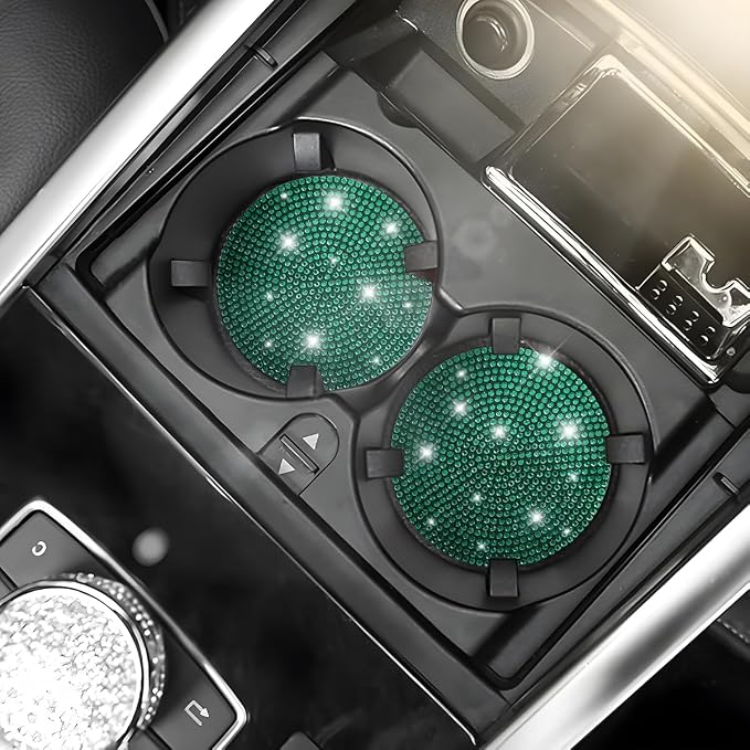 Osilly Bling Car Cup Holder Coaster, Crystal Rhinestone Anti-Slip Insert Coasters, Universal 2.75 Inch Fashion Automotive Cup Mat, Car Interior Accessories Decor Gifts for Women (Green, 4PCS)