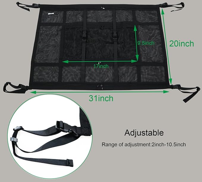 Car Ceiling Cargo Net Pocket 31"x21" Double-Layer Roof Storage for SUV Van | Heavy-duty nylon 31"x21" double-layer ceiling net, fits 4-handle SUVs & vans, holds gear for camping, road trips & van life