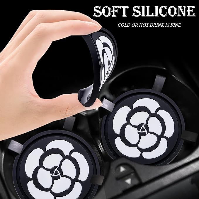 2 Pack Car Cup Holder Coaster – 2.75 Inch Non-Slip Silicone Drink Mat, Universal Fit for Cars, Trucks & SUVs – Cute Auto Accessories for Women & Girls (White Flower)