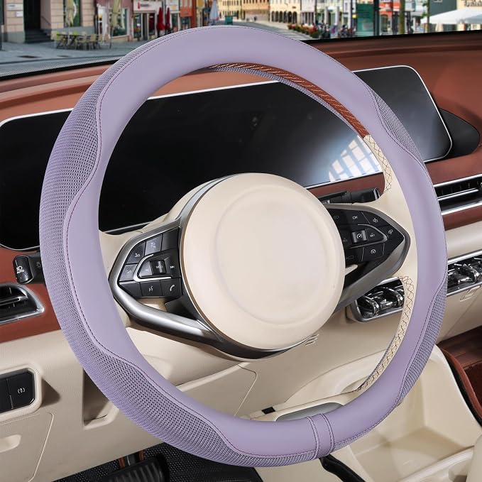 Nappa Leather Purple Steering Wheel Cover Large 16 inch | Non-Slip Breathable Microfiber Leather and Ice Silk Fabric, Warm in Winter and Cool in Summer, 15.5 inch to 16 inch