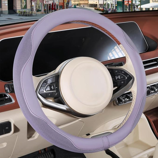 Nappa Leather Purple Steering Wheel Cover Large 16 inch | Non-Slip Breathable Microfiber Leather and Ice Silk Fabric, Warm in Winter and Cool in Summer, 15.5 inch to 16 inch