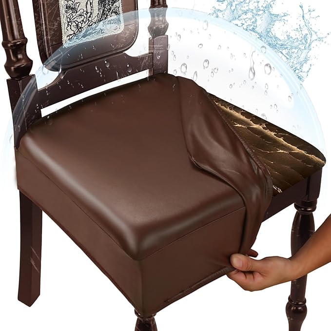 Waterproof Dining Chair Seat Covers Leather Kitchen Seat Covers, Stain Resistant Stretch Chair Seat Covers for Dining Room Chairs Set of 6, Rear Covered Washable Dining Chair Covers Coffee