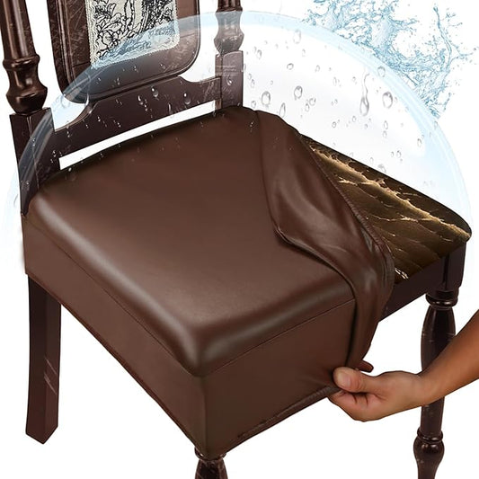 Waterproof Dining Chair Seat Covers Leather Kitchen Seat Covers, Stain Resistant Stretch Chair Seat Covers for Dining Room Chairs Set of 6, Rear Covered Washable Dining Chair Covers Coffee