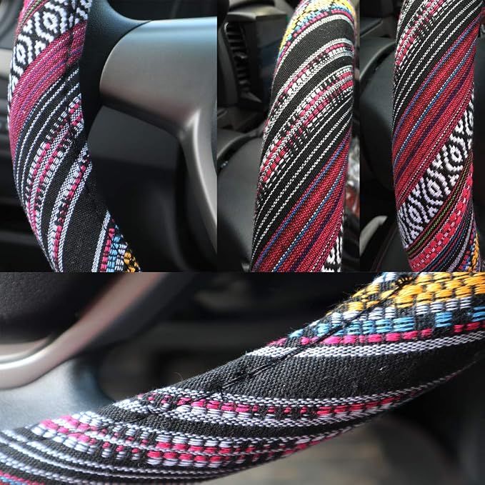 SHIAWASENA Car Steering Wheel Cover, Coarse Flax Cloth, Ethnic Style, Universal 15 Inch Fit, Anti-Slip Sweat-Absorbent (H#)