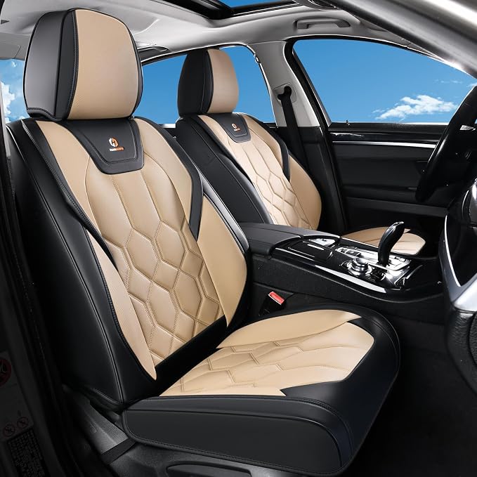Huidasource Car Seat Covers, Universal Fit for Cars SUV Trucks, Black&Beige | Full Coverage Leather Seat Cover, Airbag, Cupholder Compatible, Seat Function Retain, Easy Install with Velcro