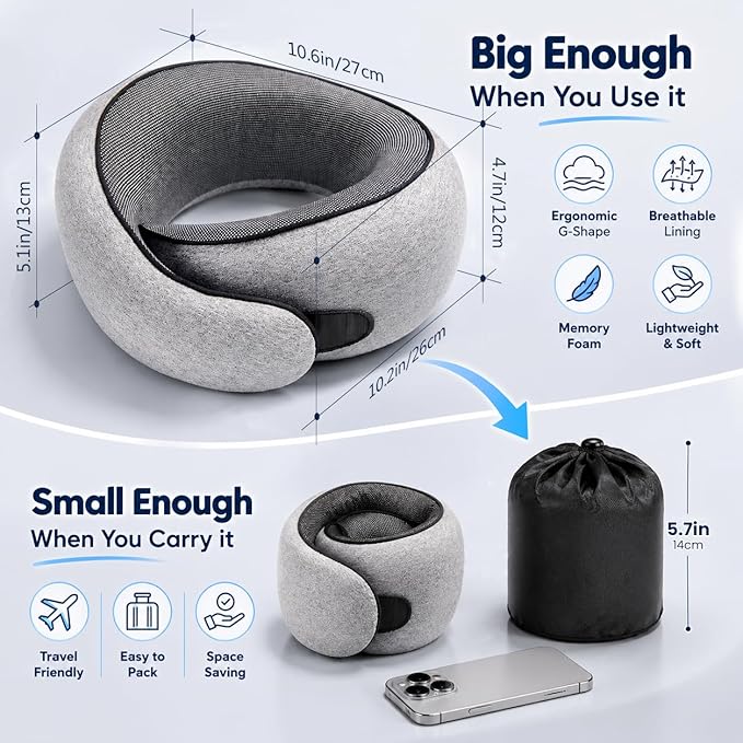 Purroch G-Shape Memory Foam Travel Neck Pillow - 100% Pure Foam Ergonomic Support with Eye Mask & Ear Plugs for Airplane Flights, Car Trips & Office Naps, Medium Gray