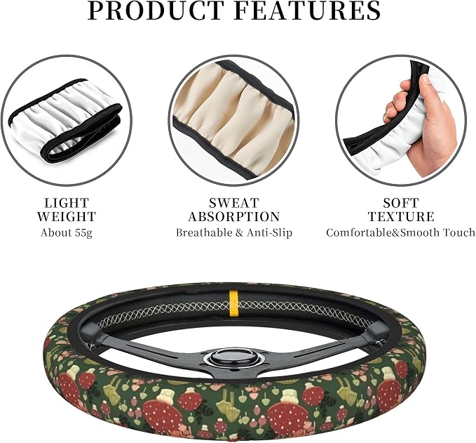 Green Mushrooms Steering Wheel Cover for Women Men Girls, Universal 15 Inch Anti Slip Steering Wheel Protector Car Accessories Interior for Auto Truck SUV