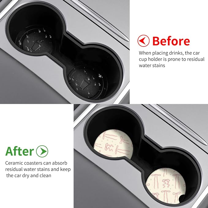 Cute Bowknot Car Coasters,Absorbent 2 Pack for Cup Holders with Finger Notch,2.56 inches Ceramics Heat Resistant Anti Slip Cork Base Car Drinks Coasters Auto Cup Holder