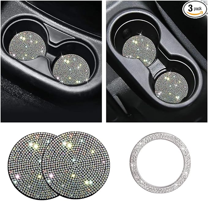 Ziciner 2 Pack Bling Car Cup Holder Coaster, Anti-Slip Auto Insert Coaster with Start Stop Button Cover, Universal Shiny Crystal Vehicle Interior Accessories for Women and Girls (AB)