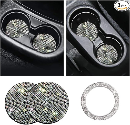 Ziciner 2 Pack Bling Car Cup Holder Coaster, Anti-Slip Auto Insert Coaster with Start Stop Button Cover, Universal Shiny Crystal Vehicle Interior Accessories for Women and Girls (AB)