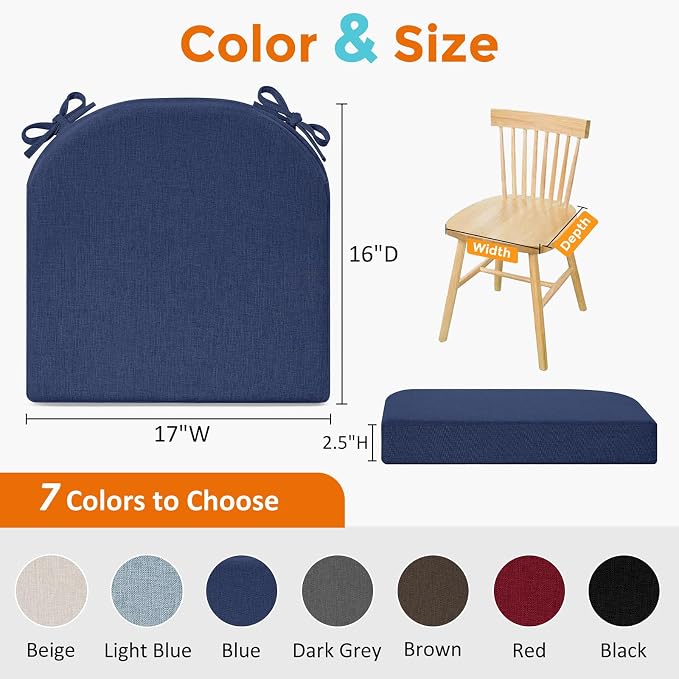 downluxe Chair Cushions for Dining Chairs, Memory Foam Linen Kitchen Chair Pads with Ties, Waterproof, Stain-Resistant and Washable Cover, 17" x 16" x 2.5", Blue, 6 Pack