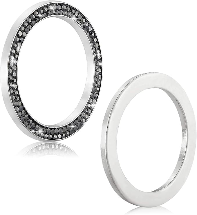 WINKA 2pcs Bling Car Engine Start Button Cover Diamond Crystal Push Start Stop Button Ring Sparkly Bling Ignition Button Cover Rhinestone Keyless Ignition Ring Universal Car Accessories (Silver)