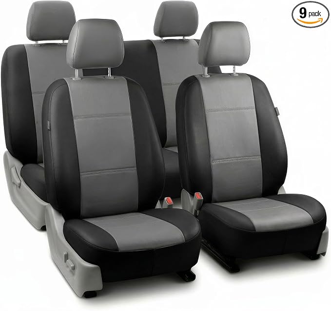 FH Group Car Seat Covers PU Leather Full Set Automotive Seat Covers Front Set and Rear Solid Bench Gray Black Seat Covers with Gift Universal Fit Interior Accessories for Cars Trucks and SUVs