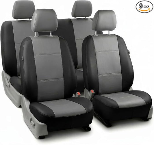 FH Group Car Seat Covers PU Leather Full Set Automotive Seat Covers Front Set and Rear Solid Bench Gray Black Seat Covers with Gift Universal Fit Interior Accessories for Cars Trucks and SUVs