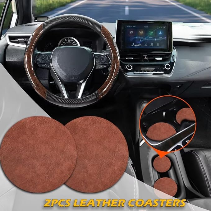 Wood Grain Steering Wheel Cover with Coasters Universal 14.5-15 inch | Black Carbon Wood Car Steering Wheel Covers Leather Microfiber Breathable Anti-Slip Durable Steering Wheel Accessories
