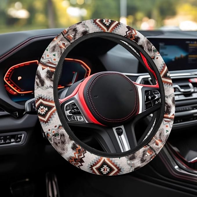 Wanyint Car Steering Wheel Cover Universal 15 Inch Steering Wheel Wrap Anti-Slip Soft Elastic Decorative Auto Accessories All Weather Protection, Aztec Gray Leopard Print