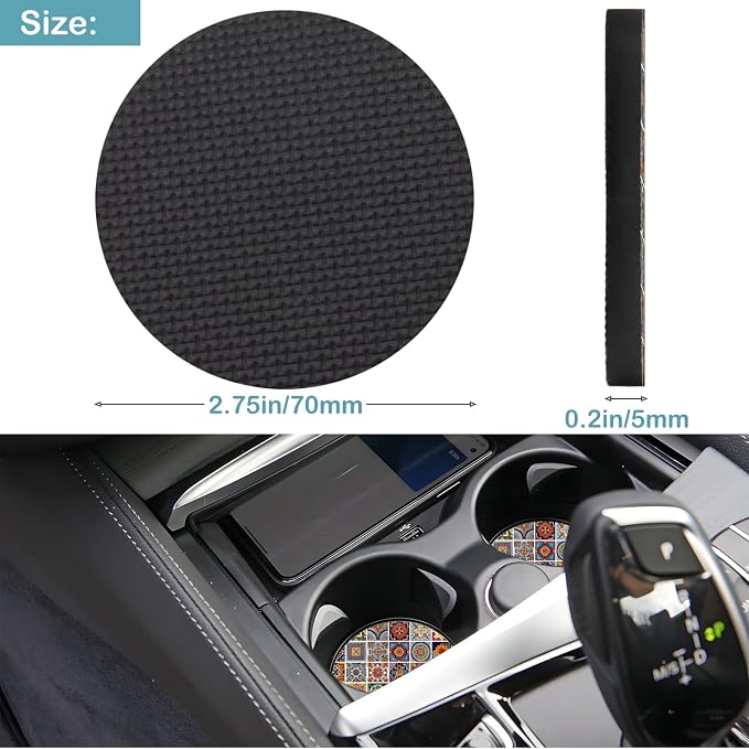 Car Cup Holder Coasters, 2 Pack – 2.75" Universal Auto Anti-Slip Insert Coaster, Rubber Car Coasters, Personalized Car Accessories for Women & Men (Mexican Tiles)