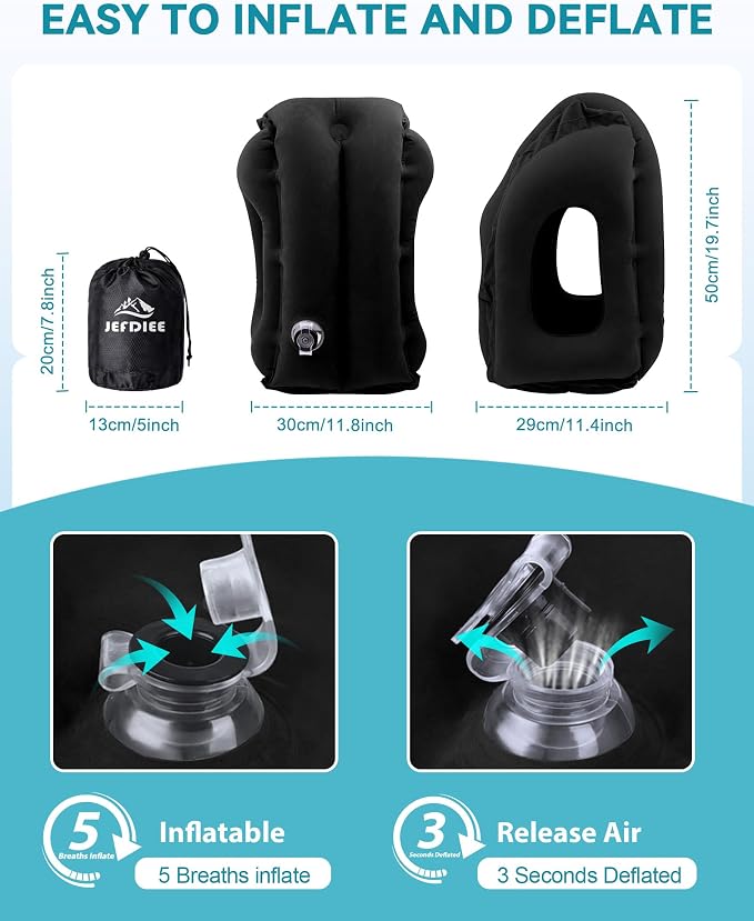 Inflatable Travel Pillow, Airplane Neck Pillow Comfortably Supports Head and Chin for Airplanes, Trains, Cars Office Napping on The Tray Table (Black)